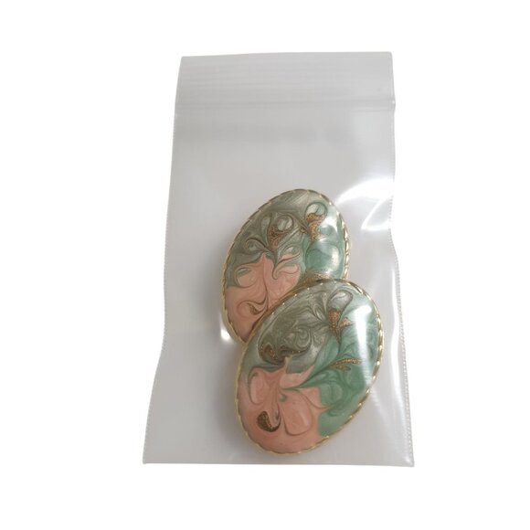 Vintage Gold-Tone Clip-On Earrings With Swirled Green & Peach Enamel Design - Picture 4 of 4